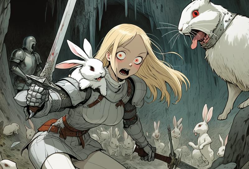 00056-1419281406-Anime artwork by Junji Ito. Closeup of a playful and chaotic scene of a blonde knight fighting a white rabbit. _BREAK_The blonde.png